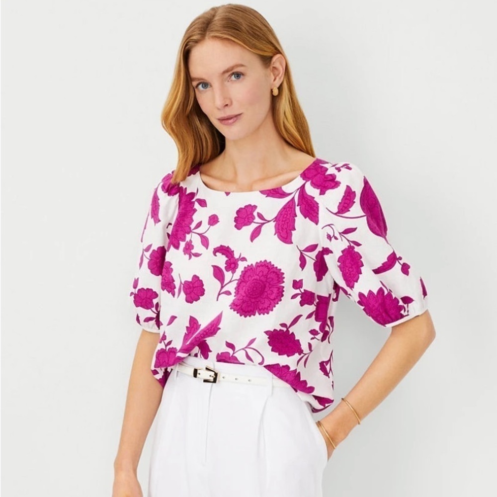 Ann Taylor Linen Blend Boat Neck Popover - Picture 1 of 5